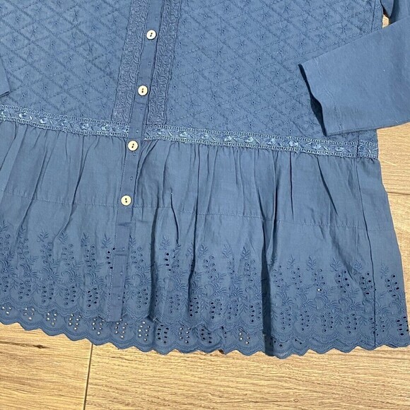LOGO Lori Goldstein Size XS Blue Woven Modal Blouse Embroidered Eyelet Tunic - Picture 2 of 7